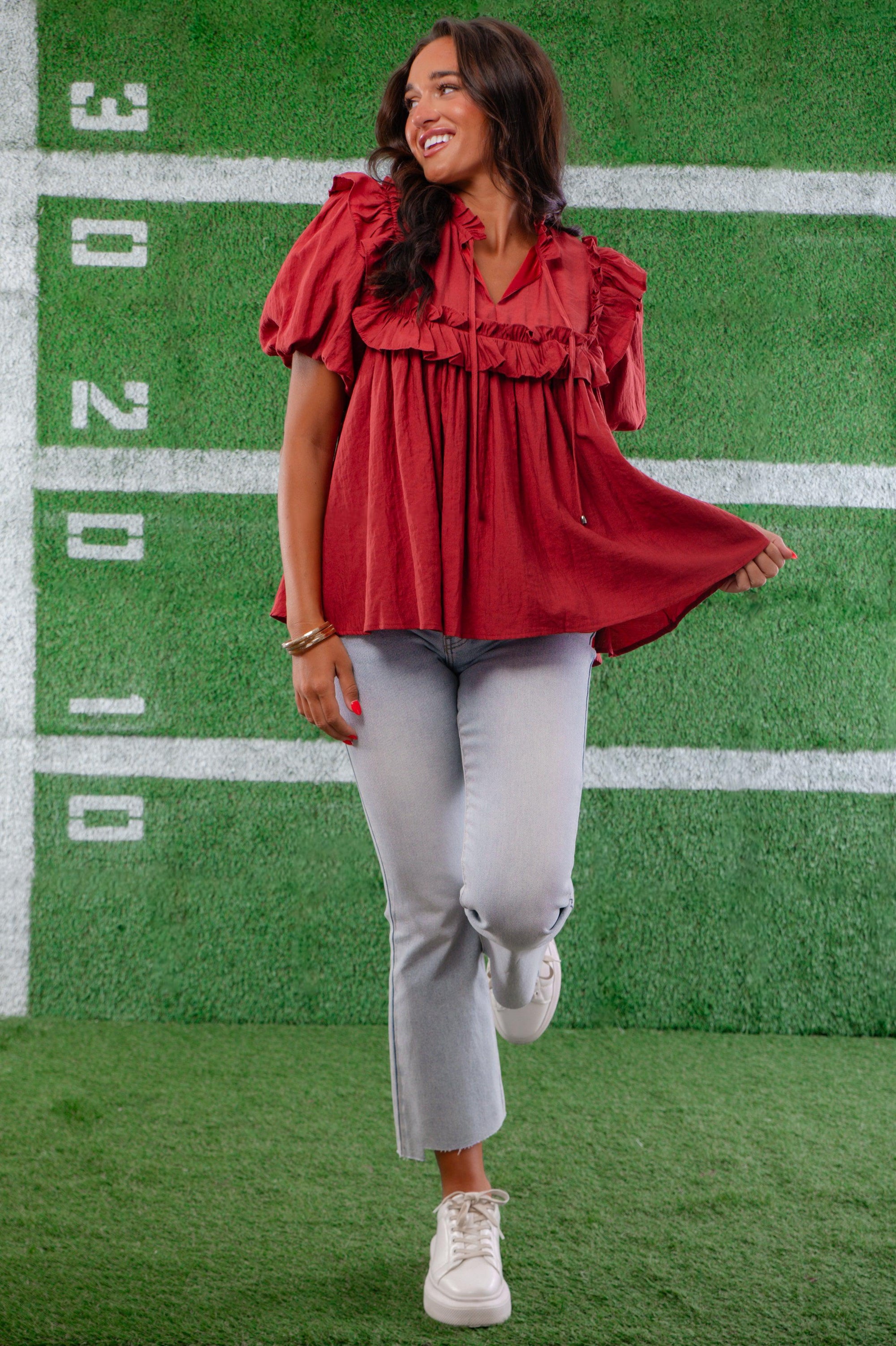 Brick Ruffle Puff Sleeve Blouse-Tops-Entro-L. Mae Boutique &amp; Wild Mabel Clothing