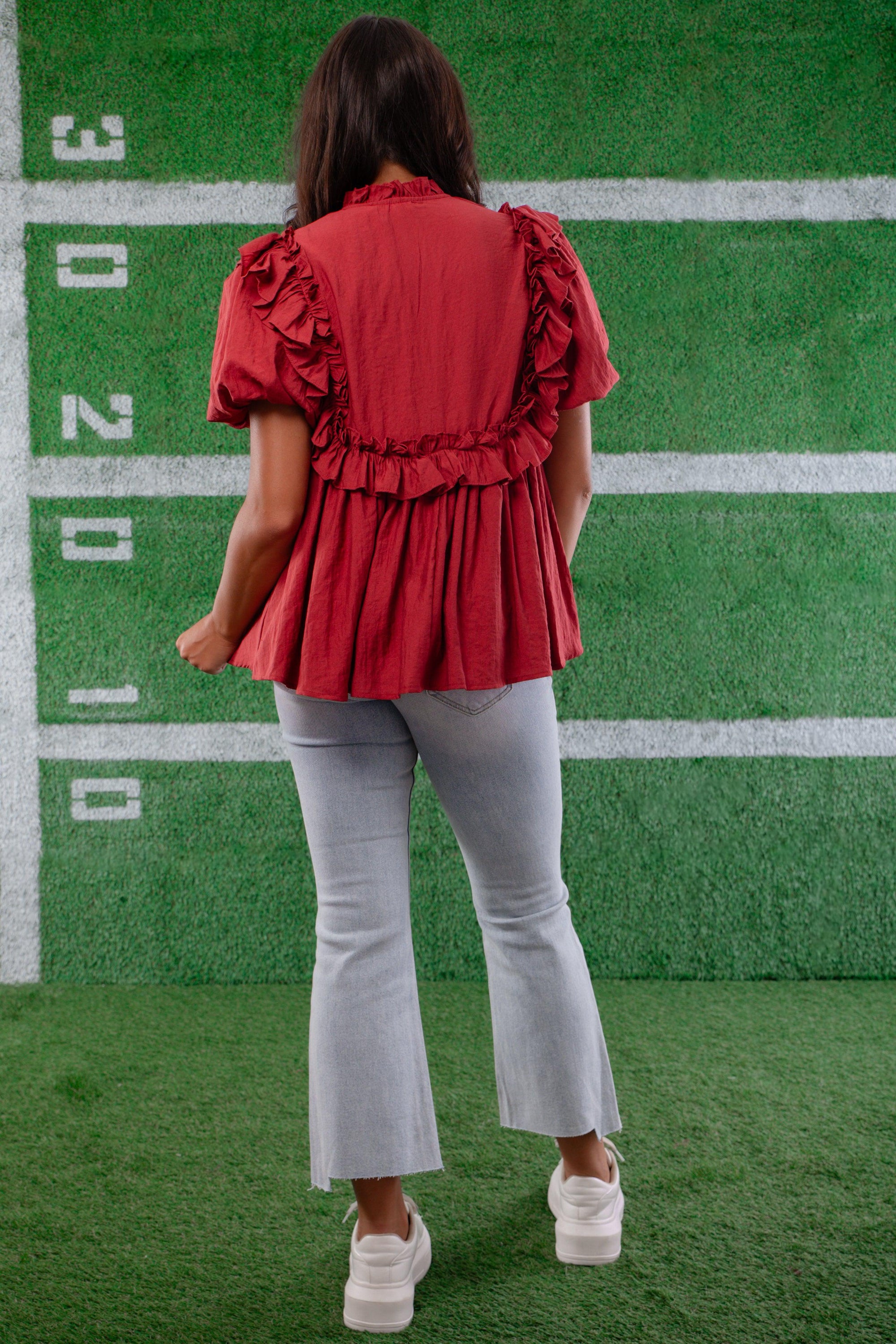 Brick Ruffle Puff Sleeve Blouse-Tops-Entro-L. Mae Boutique &amp; Wild Mabel Clothing