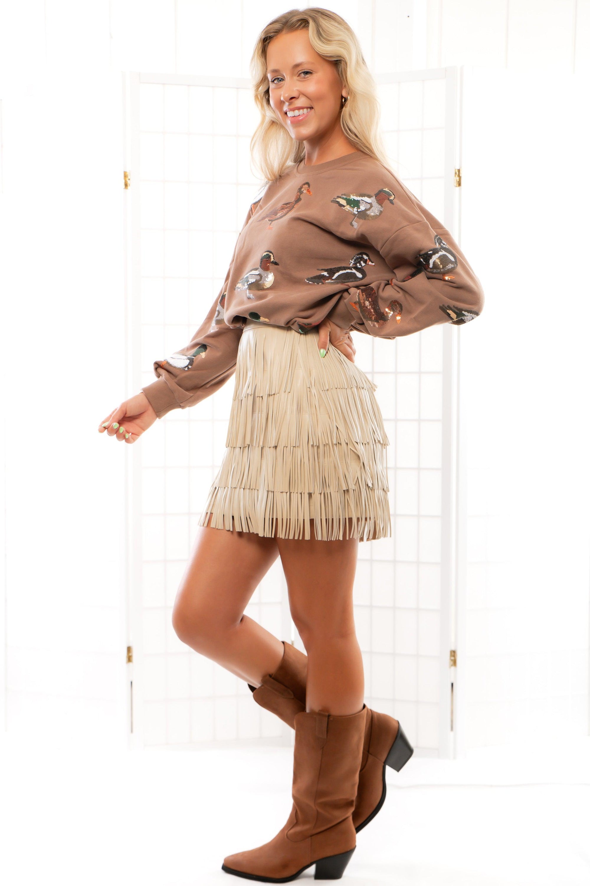 Brielle Taupe Leather Fringe Mini Skirt-Bottoms-2.7 August Apparel-L. Mae Boutique &amp; Wild Mabel Clothing