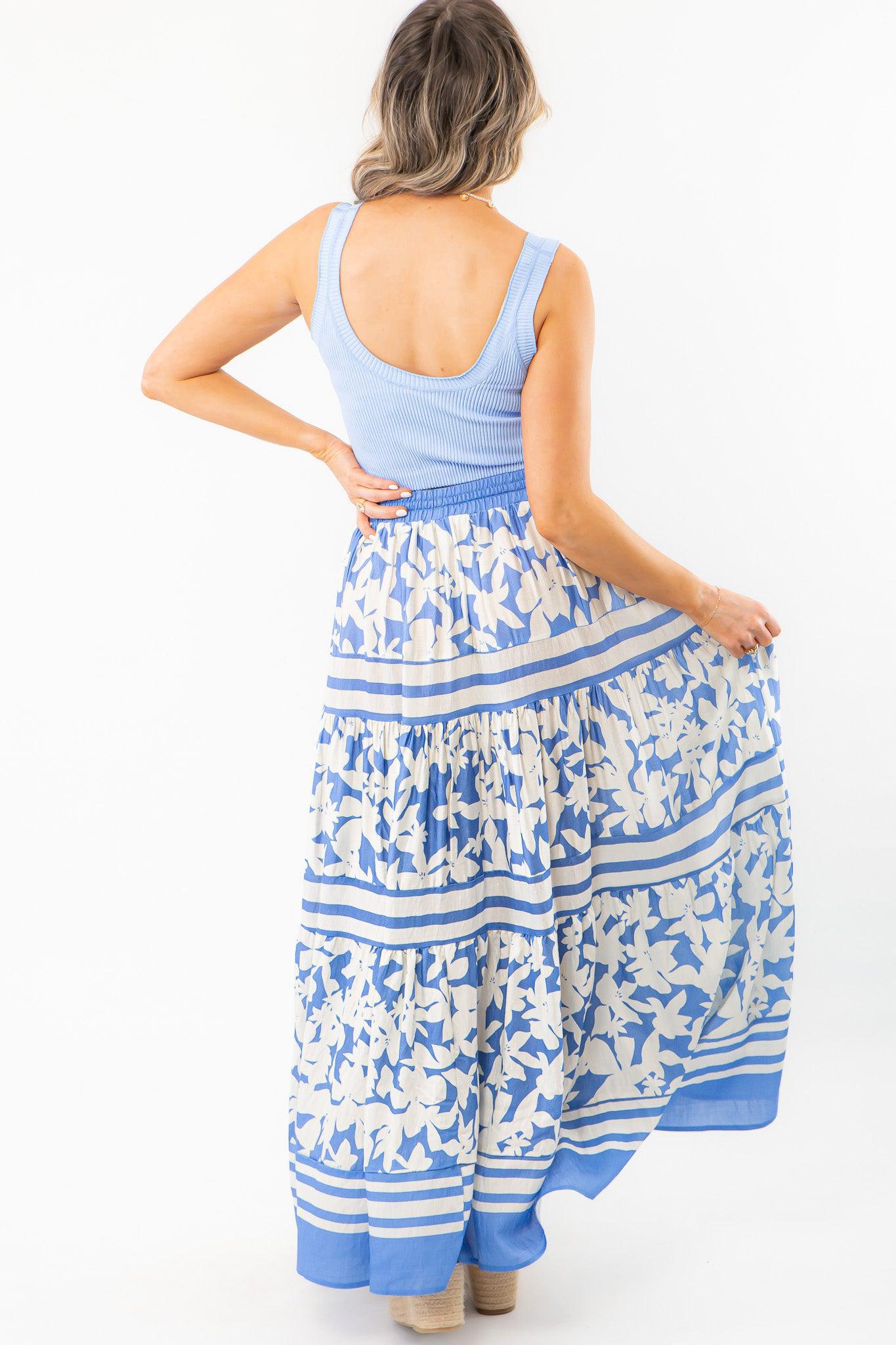 Bright Blue Floral Print Tiered Maxi Skirt-Bottoms-Pinch-L. Mae Boutique &amp; Wild Mabel Clothing