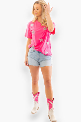 Bright Pink Sequin Star Tee-Tops-Vine & Love-L. Mae Boutique & Wild Mabel Clothing