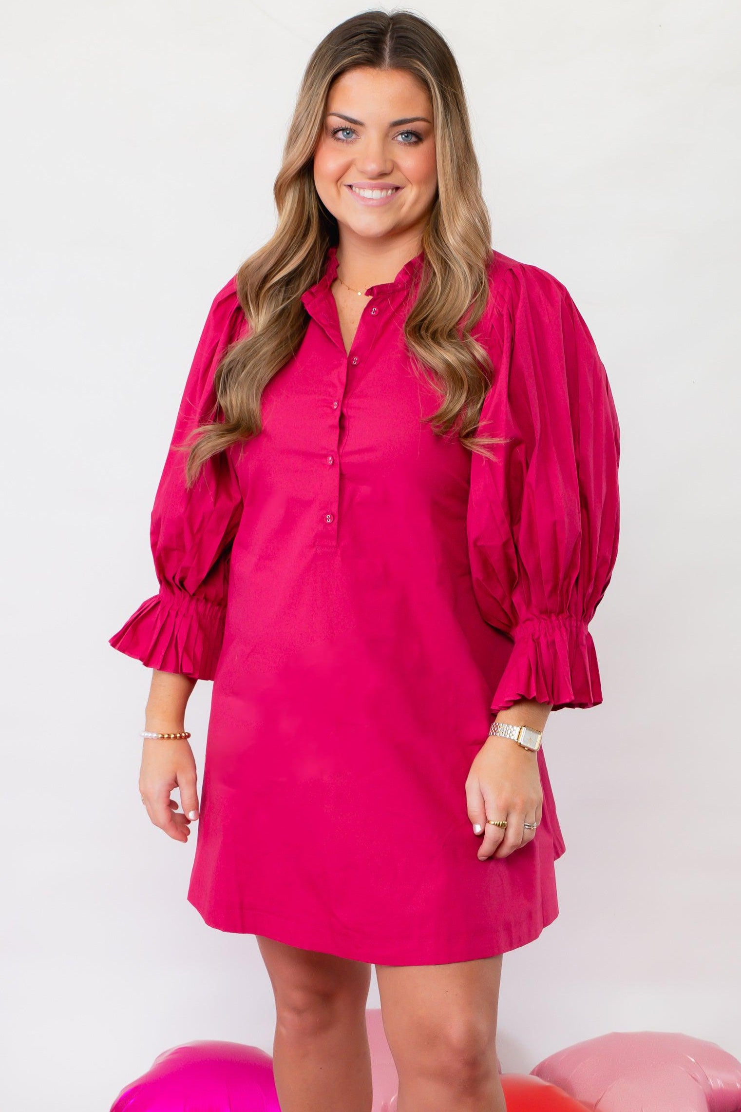 Bright and Berry Pink Pleated Sleeve Mini Dress-Dresses-Sincerely Ours-L. Mae Boutique &amp; Wild Mabel Clothing