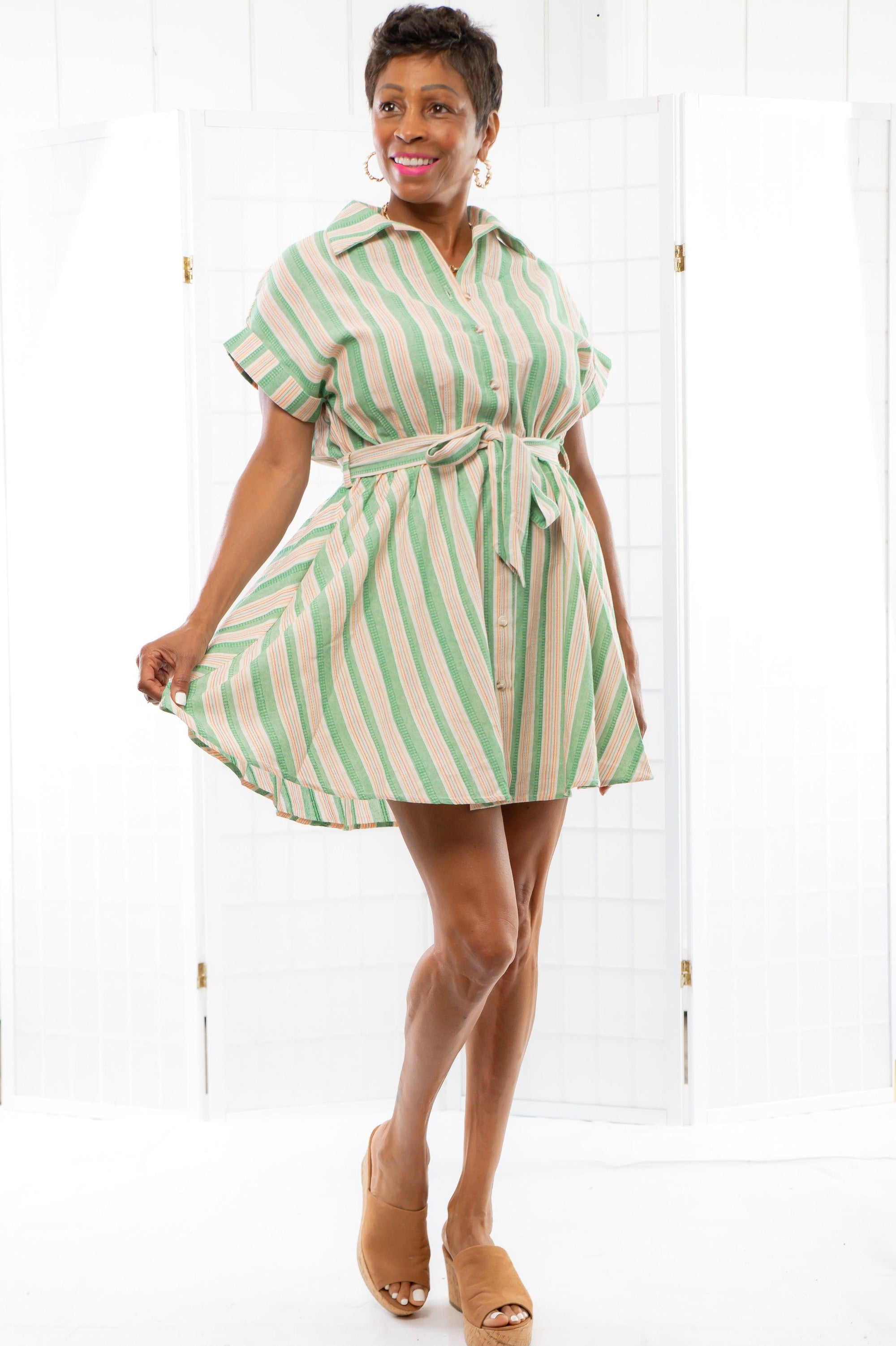 Brooklyn Baby Green Striped Tie Waist Shirt Dress-Dresses-BaeVely-L. Mae Boutique & Wild Mabel Clothing