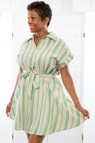 Brooklyn Baby Green Striped Tie Waist Shirt Dress-Dresses-BaeVely-L. Mae Boutique & Wild Mabel Clothing