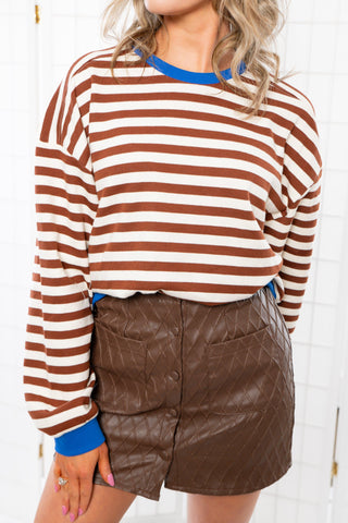 Brown Stripe Blue Contrast Pull Over-Tops-Things Between-L. Mae Boutique & Wild Mabel Clothing