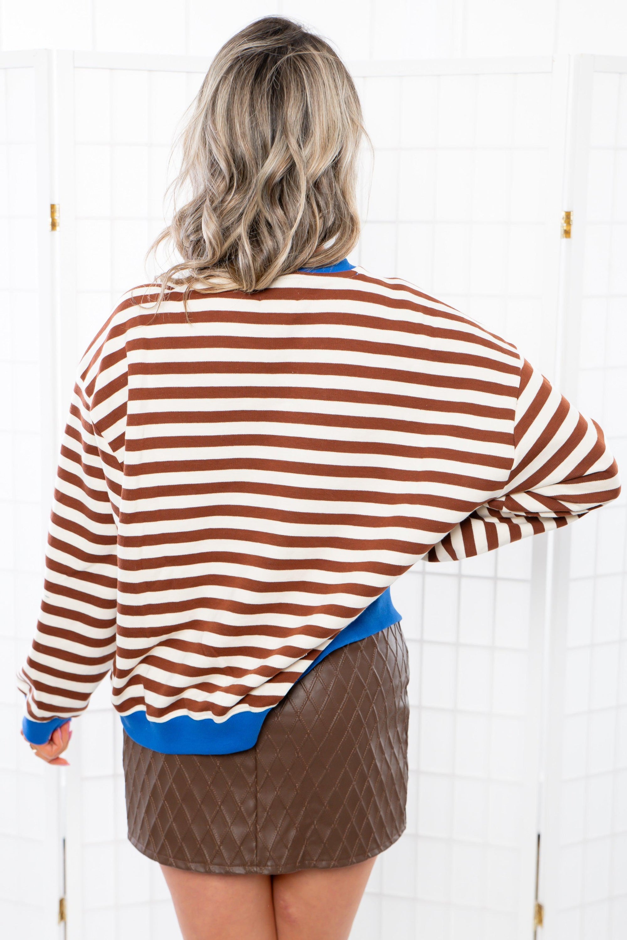 Brown Stripe Blue Contrast Pull Over-Tops-Things Between-L. Mae Boutique &amp; Wild Mabel Clothing