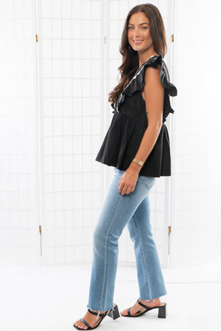 Brunch Date Black Scalloped Trim Peplum Blouse-Entro-L. Mae Boutique