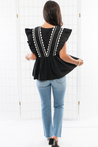 Brunch Date Black Scalloped Trim Peplum Blouse-Entro-L. Mae Boutique