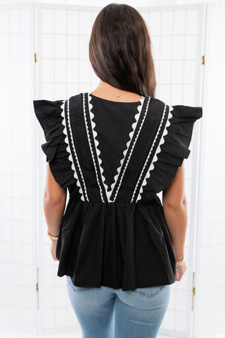 Brunch Date Black Scalloped Trim Peplum Blouse-Entro-L. Mae Boutique