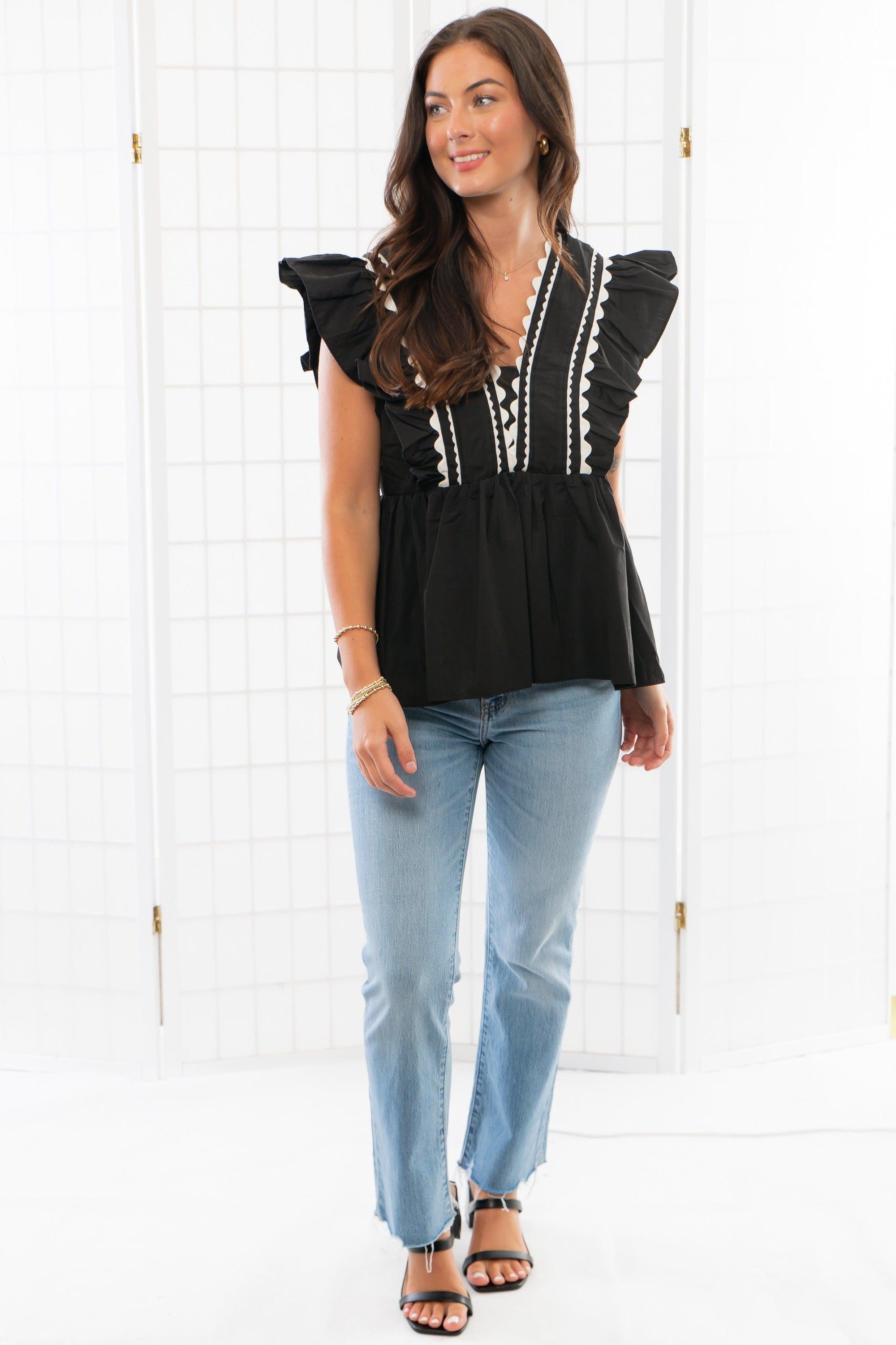 Brunch Date Black Scalloped Trim Peplum Blouse-Tops-Entro-L. Mae Boutique &amp; Wild Mabel Clothing