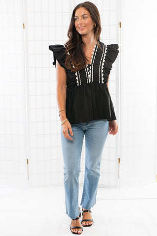 Brunch Date Black Scalloped Trim Peplum Blouse-Tops-Entro-L. Mae Boutique & Wild Mabel Clothing