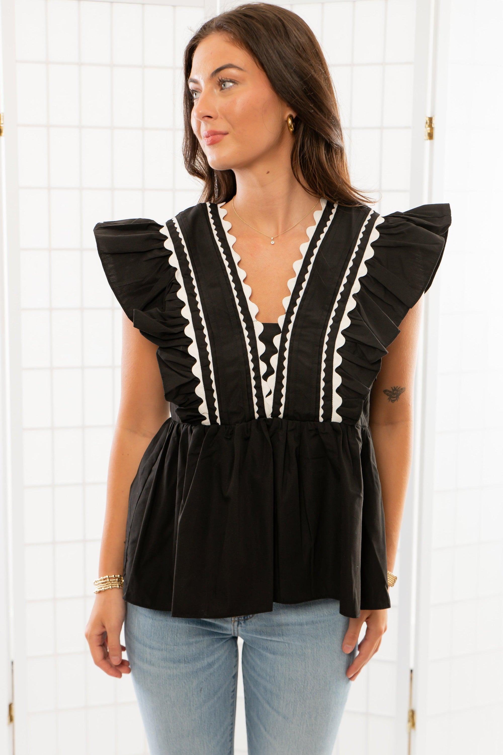 Brunch Date Black Scalloped Trim Peplum Blouse-Tops-Entro-L. Mae Boutique &amp; Wild Mabel Clothing