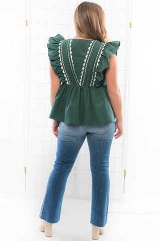 Brunch Date Forrest Green Scalloped Trim Peplum Blouse-Tops-Entro-L. Mae Boutique & Wild Mabel Clothing