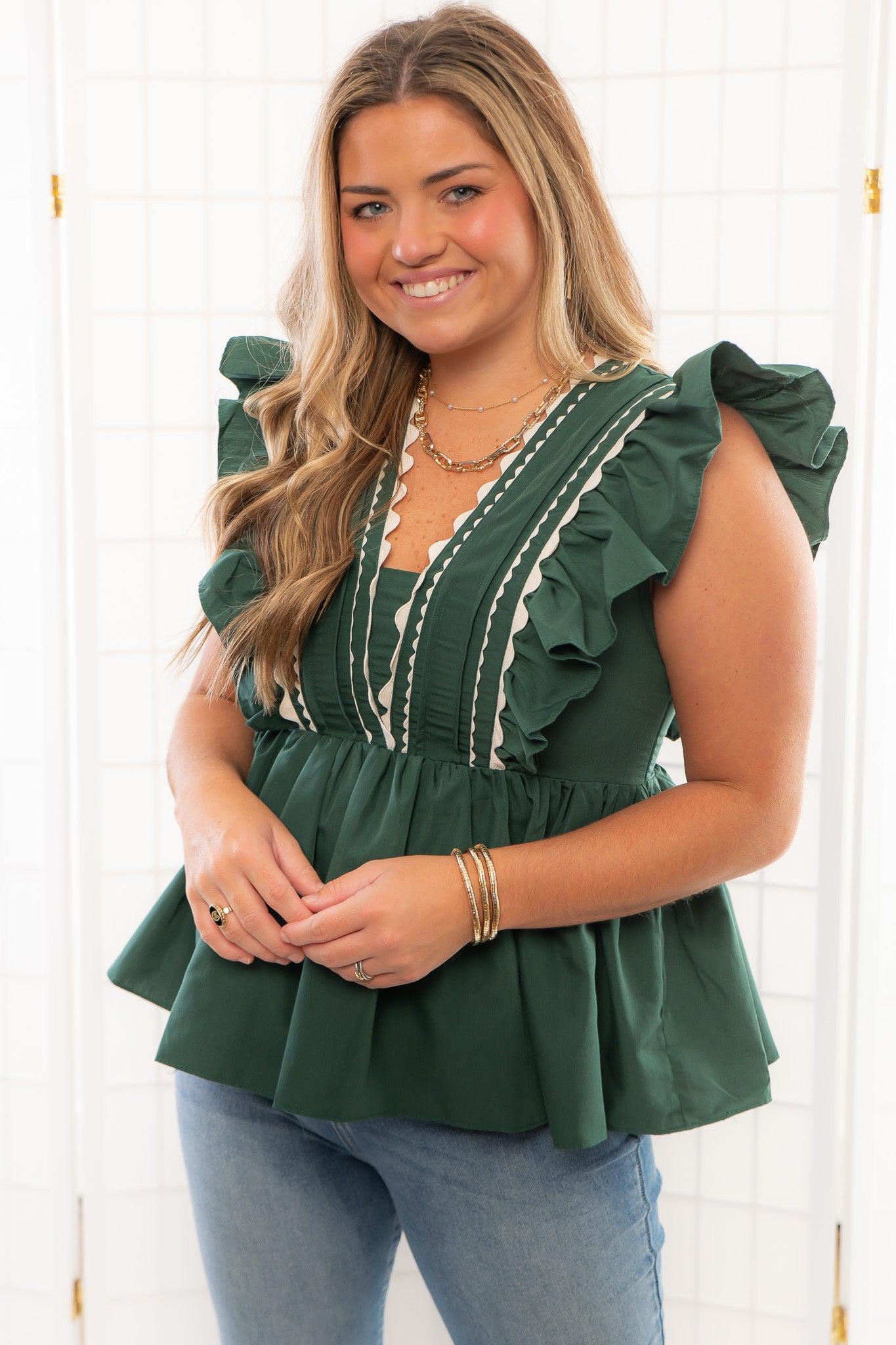 Brunch Date Forrest Green Scalloped Trim Peplum Blouse-Tops-Entro-L. Mae Boutique & Wild Mabel Clothing