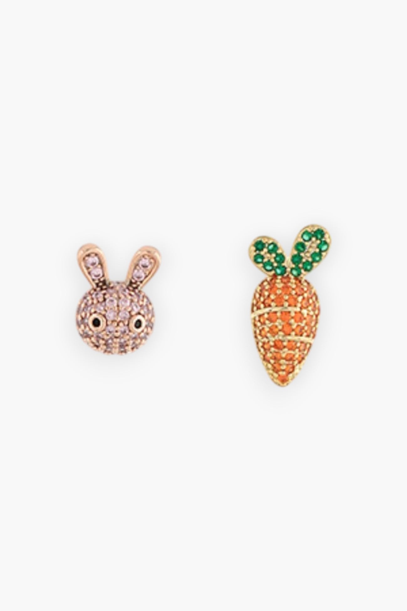 Bunny & Carrot Stud Earrings featuring a whimsical mismatched design with sparkling crystals. Perfect Easter accessories for a playful spring look.