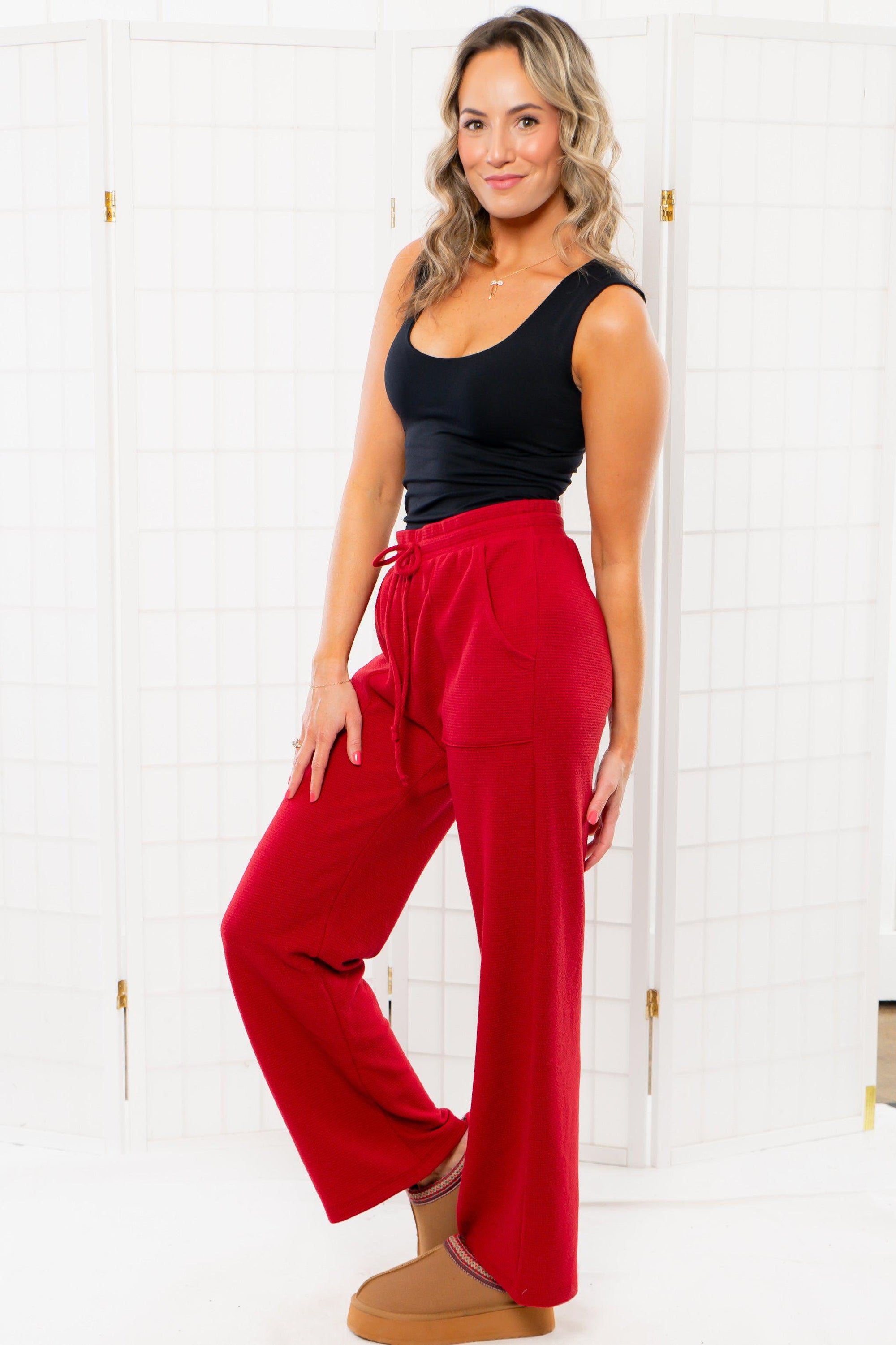 Burgundy Ribbed Pull On Knit Lounge Pants-Bottoms-Tres Bien-L. Mae Boutique &amp; Wild Mabel Clothing