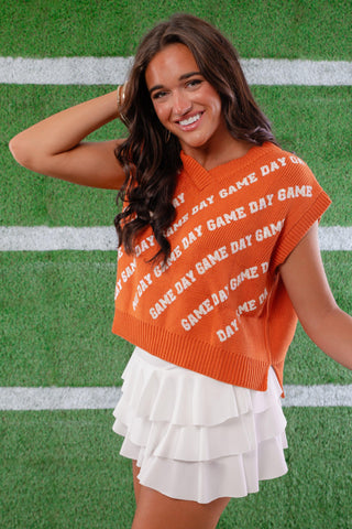 Burnt Orange Gameday Blitz Sweater Vest-Tops-Peach Love California-L. Mae Boutique & Wild Mabel Clothing