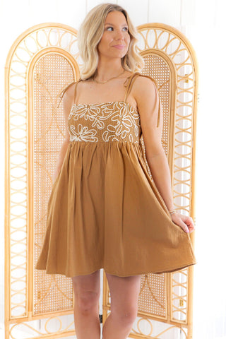Camel Abstract Embroidered Mini Dress-In February-L. Mae Boutique