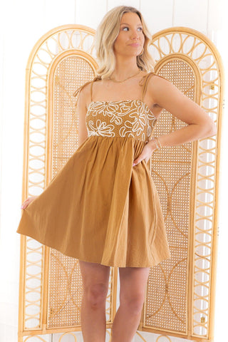 Camel Abstract Embroidered Mini Dress
