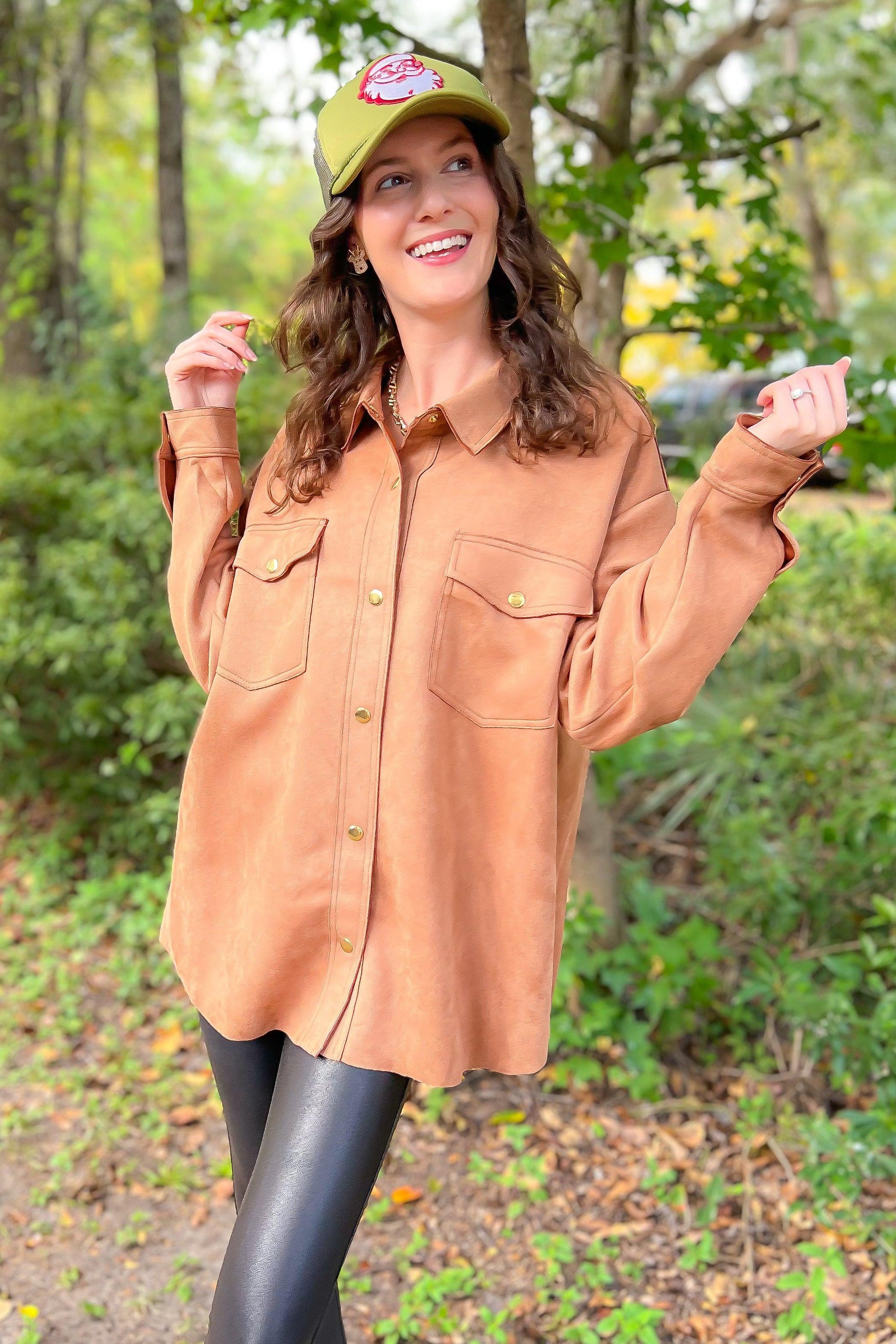 Camel Faux Suede Button Up Shacket-Tops-Hyfve-L. Mae Boutique &amp; Wild Mabel Clothing