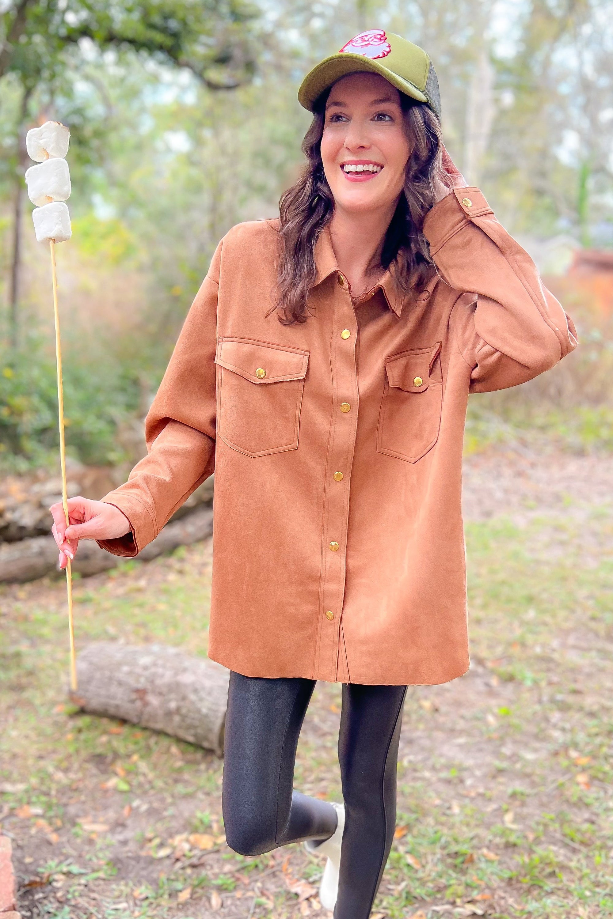 Camel Faux Suede Button Up Shacket-Tops-Hyfve-L. Mae Boutique &amp; Wild Mabel Clothing