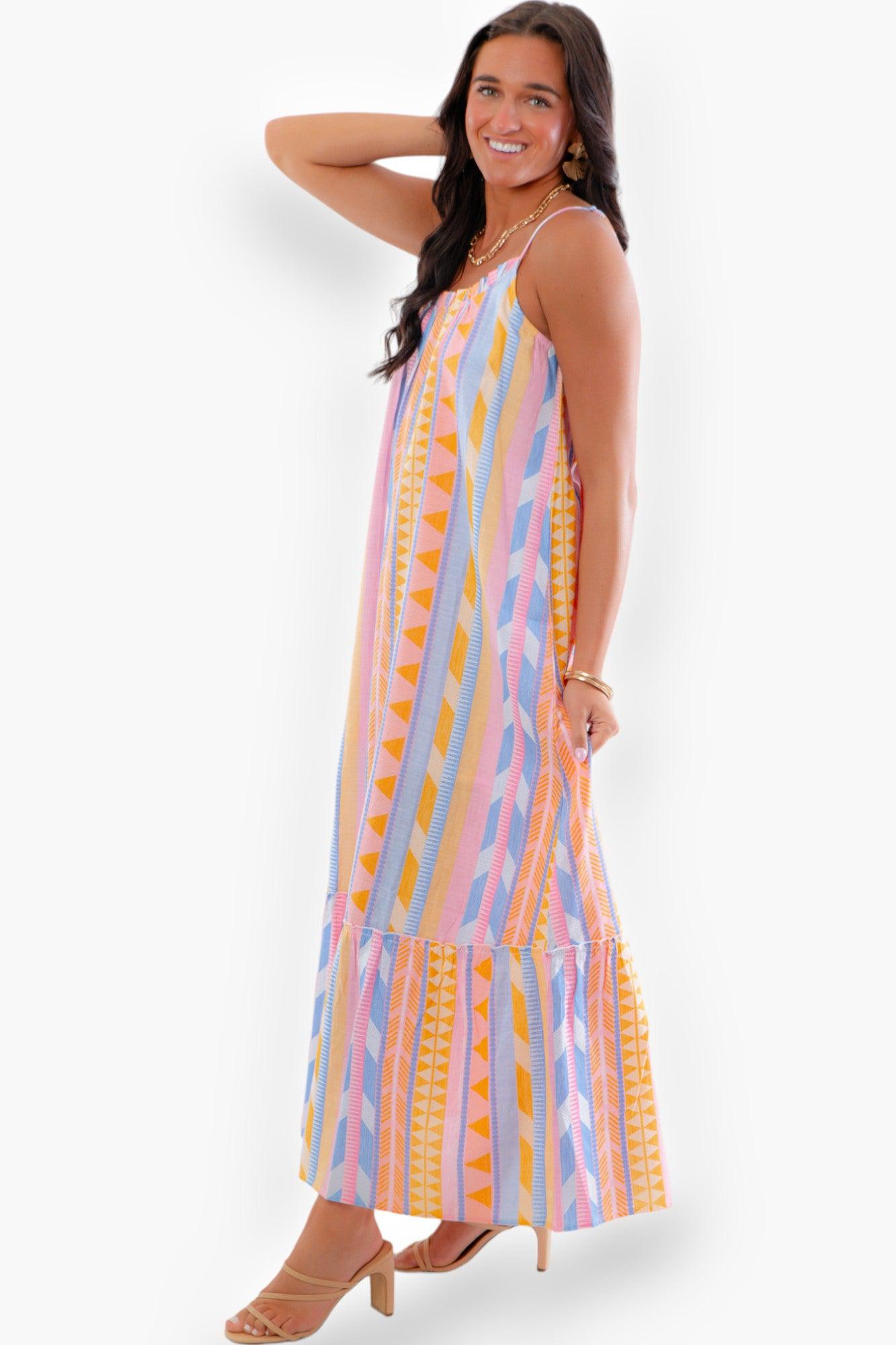 Camille Boho Rainbow Aztec Pattern Tank Maxi Dress-Dresses-En Creme-L. Mae Boutique & Wild Mabel Clothing