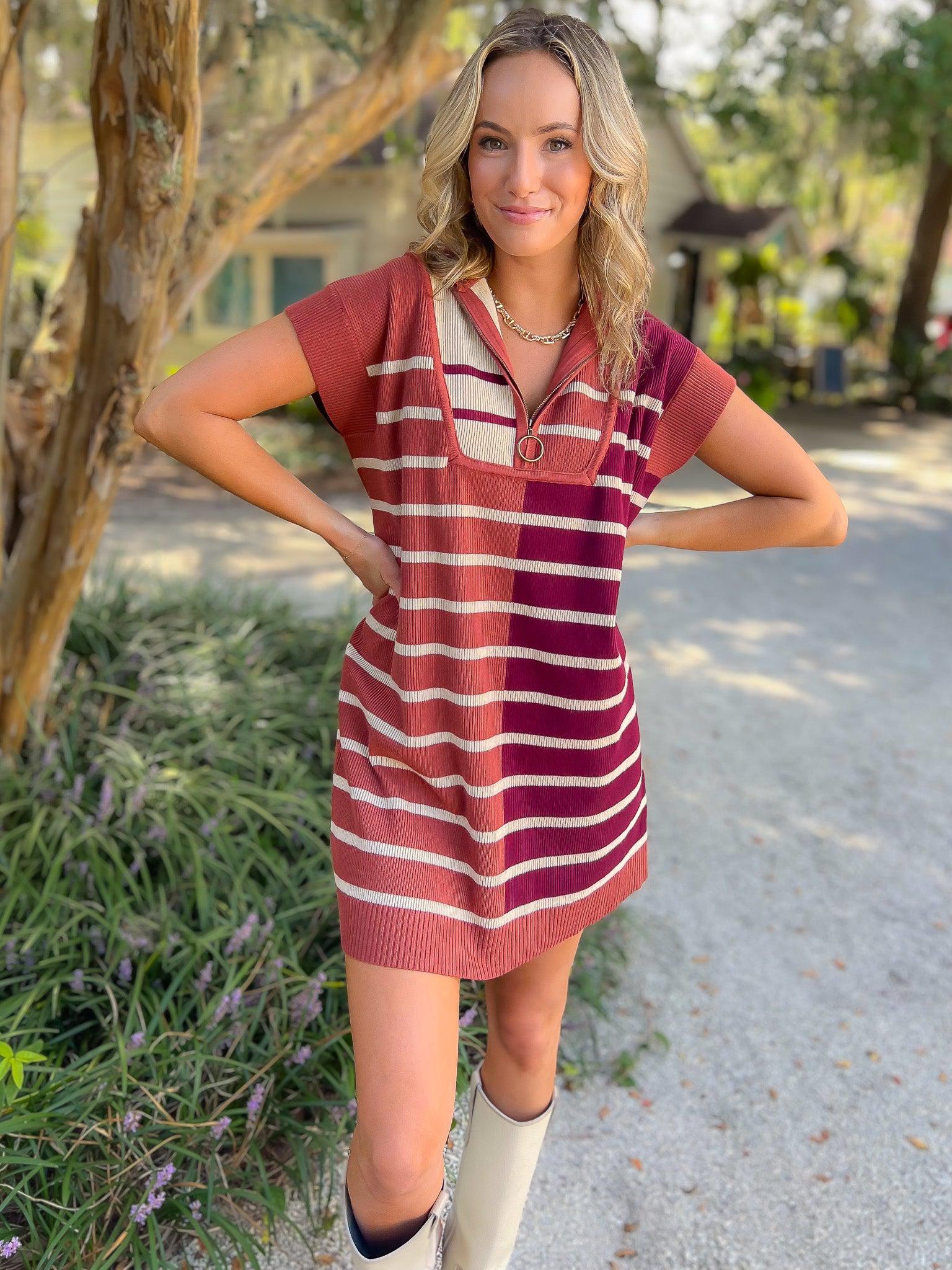 Care to Contrast Chestnut Striped Knit Dress-Dresses-Entro-L. Mae Boutique & Wild Mabel Clothing