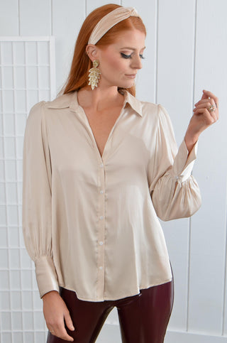 Champagne Satin Button Up Top-Mustard Seed-L. Mae Boutique