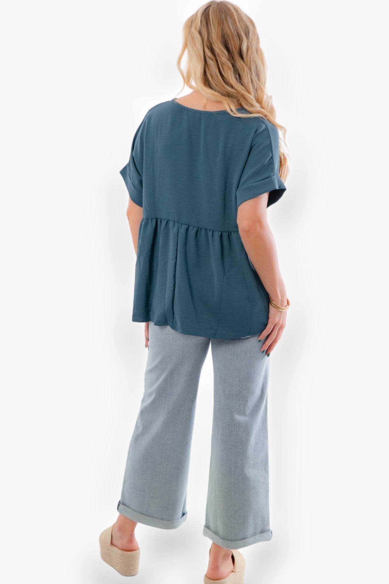 Chants Up Teal Short Sleeve Top-Tops-Entro-L. Mae Boutique &amp; Wild Mabel Clothing