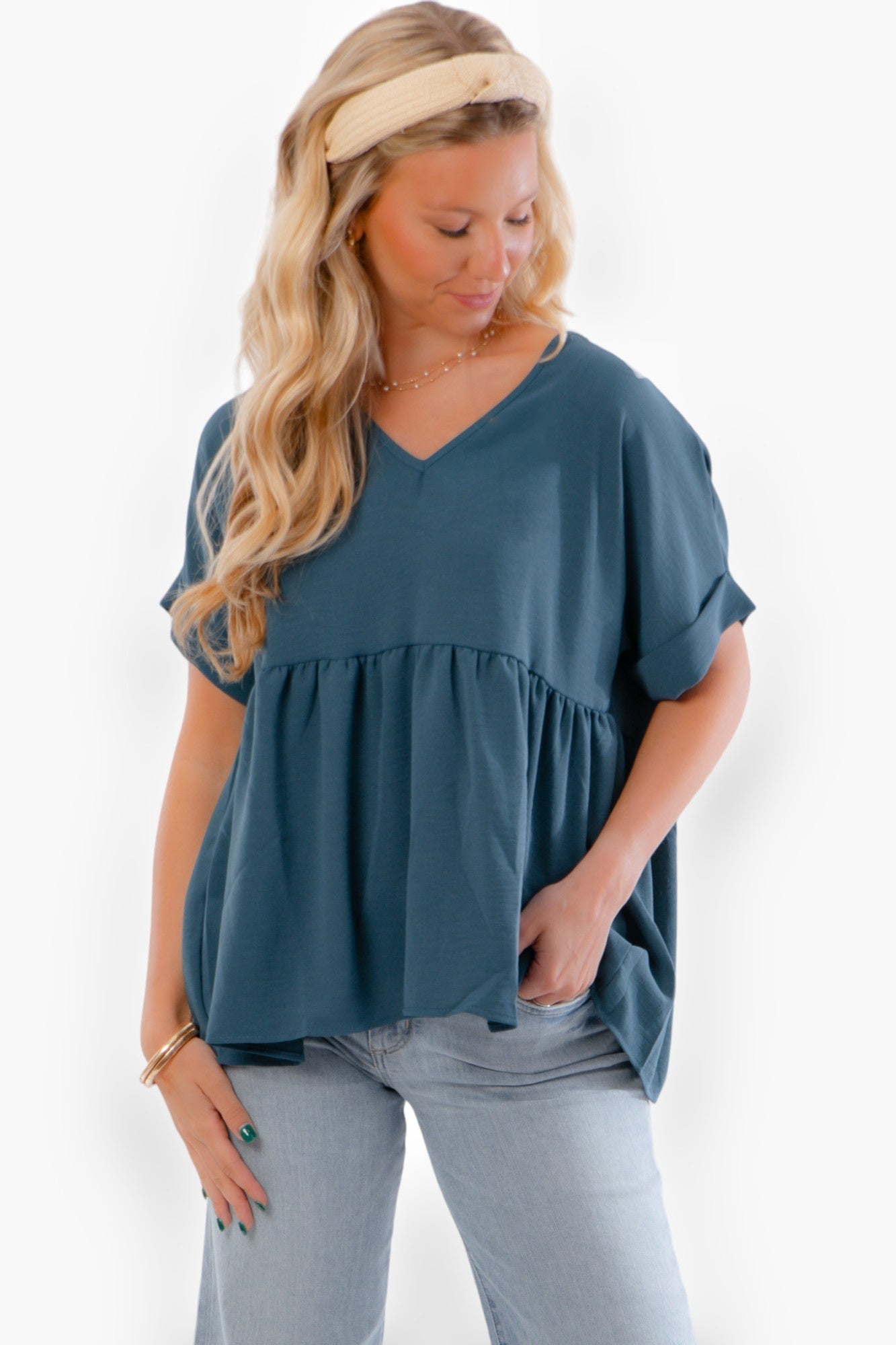 Chants Up Teal Short Sleeve Top-Tops-Entro-L. Mae Boutique &amp; Wild Mabel Clothing