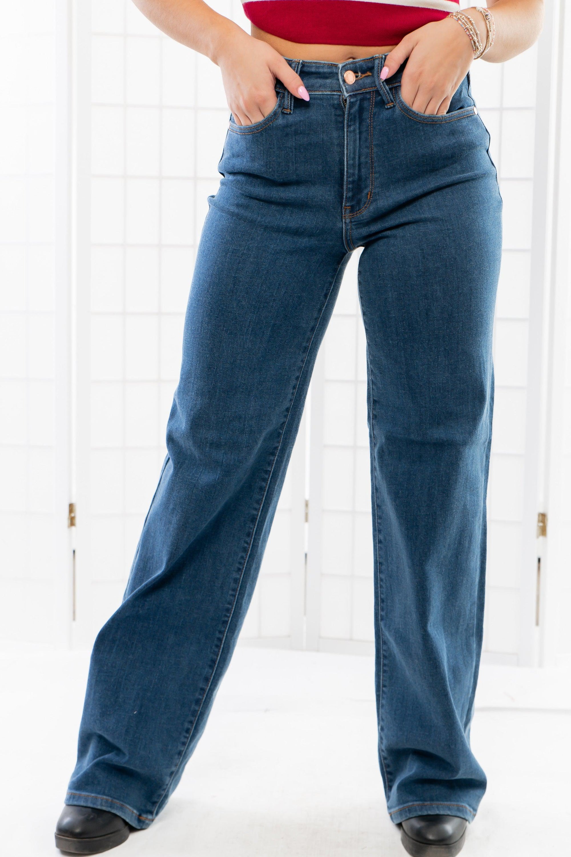 Chloe Dark Denim High Rise Wide Leg Full Length Jean-Bottoms-Judy Blue-L. Mae Boutique &amp; Wild Mabel Clothing