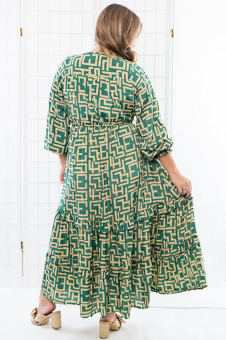 Christmas Eve Green and Gold Printed Midi Dress-Dresses-Fashion Fuse-L. Mae Boutique & Wild Mabel Clothing