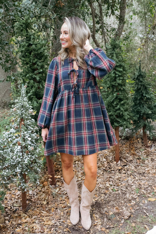 Christmas Plaid Tie Front Dress-Dresses-Ive-L. Mae Boutique & Wild Mabel Clothing