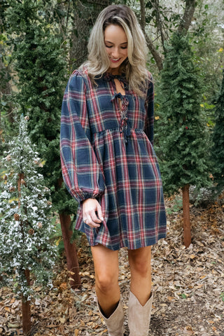 Christmas Plaid Tie Front Dress-Dresses-Ive-L. Mae Boutique & Wild Mabel Clothing