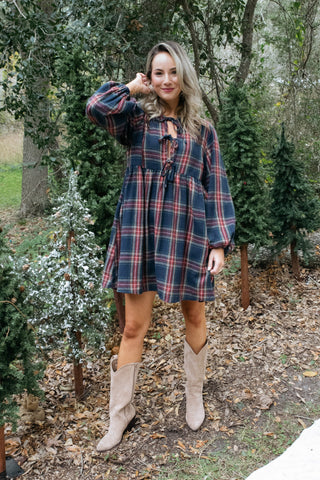 Christmas Plaid Tie Front Dress-Dresses-Ive-L. Mae Boutique & Wild Mabel Clothing