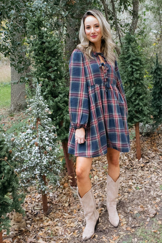 Christmas Plaid Tie Front Dress-Dresses-Ive-L. Mae Boutique & Wild Mabel Clothing