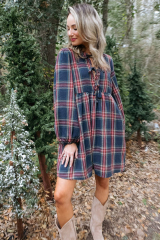 Christmas Plaid Tie Front Dress-Dresses-Ive-L. Mae Boutique & Wild Mabel Clothing