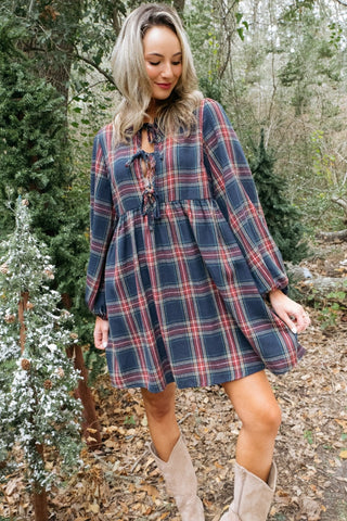 Christmas Plaid Tie Front Dress-Dresses-Ive-L. Mae Boutique & Wild Mabel Clothing