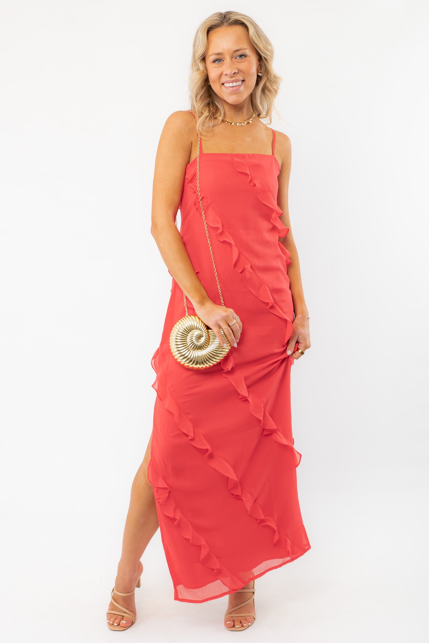 MINKPINK Red Venus Ruffle Maxi Dress