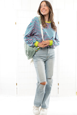 Classic Stripes Green & Pink Oversized Crewneck-Tops-shop lalaloo-L. Mae Boutique & Wild Mabel Clothing