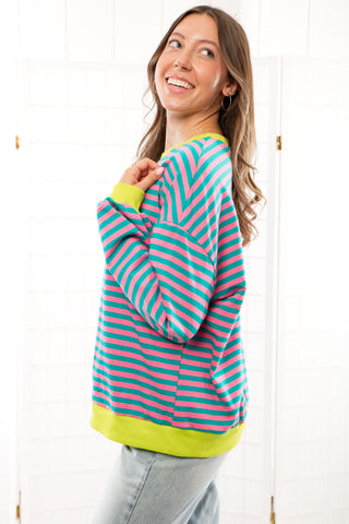 Classic Stripes Green & Pink Oversized Crewneck-Tops-shop lalaloo-L. Mae Boutique & Wild Mabel Clothing