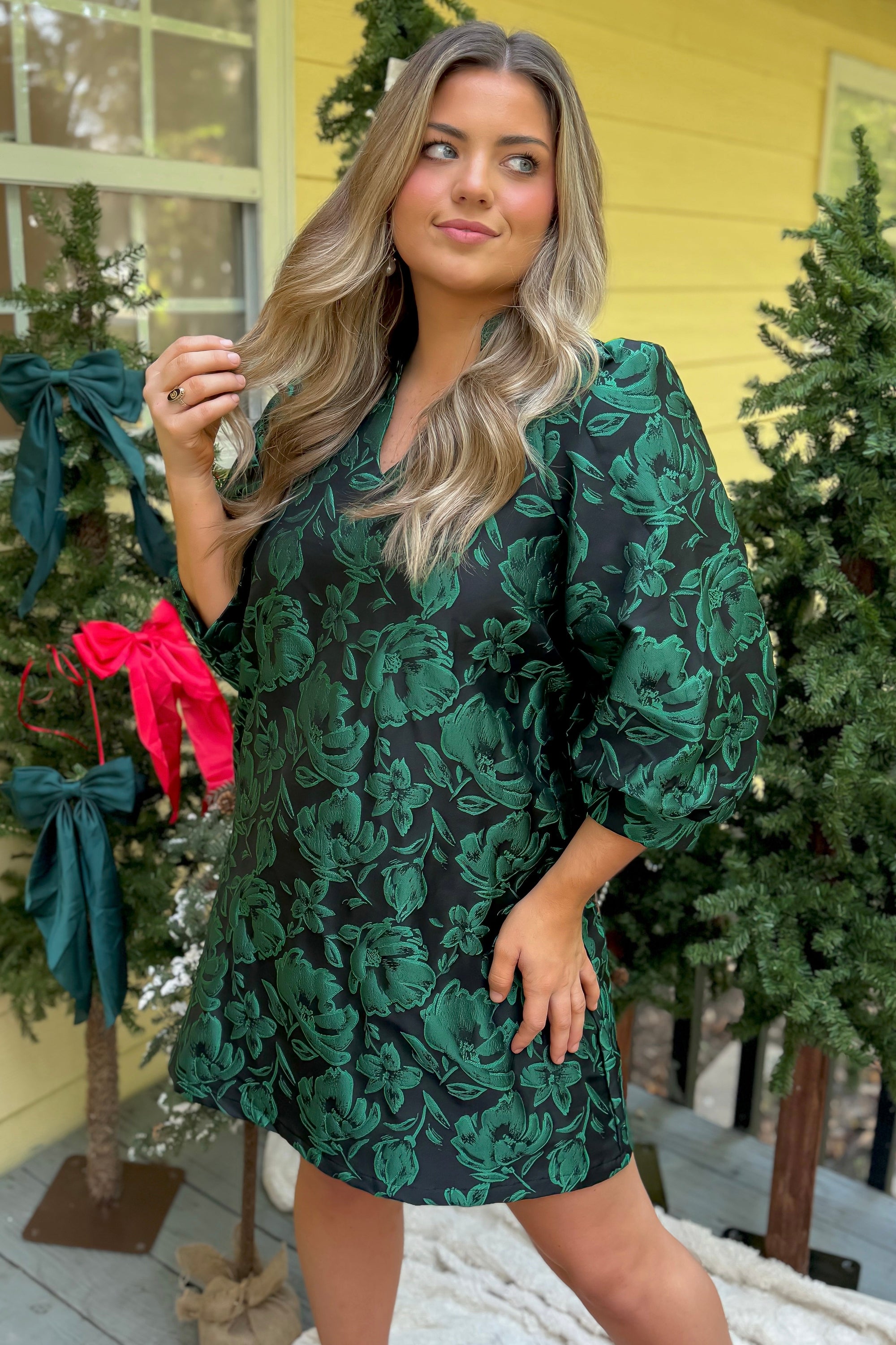 Clear The Way Emerald Green Jacquard Mini Dress-Dresses-Entro-L. Mae Boutique &amp; Wild Mabel Clothing