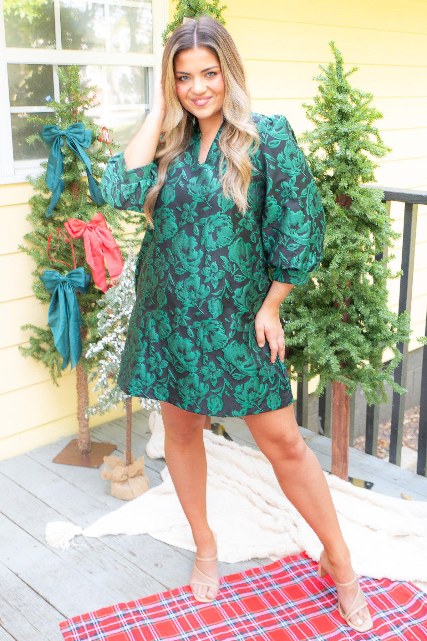 Clear The Way Emerald Green Jacquard Mini Dress-Dresses-Entro-L. Mae Boutique &amp; Wild Mabel Clothing