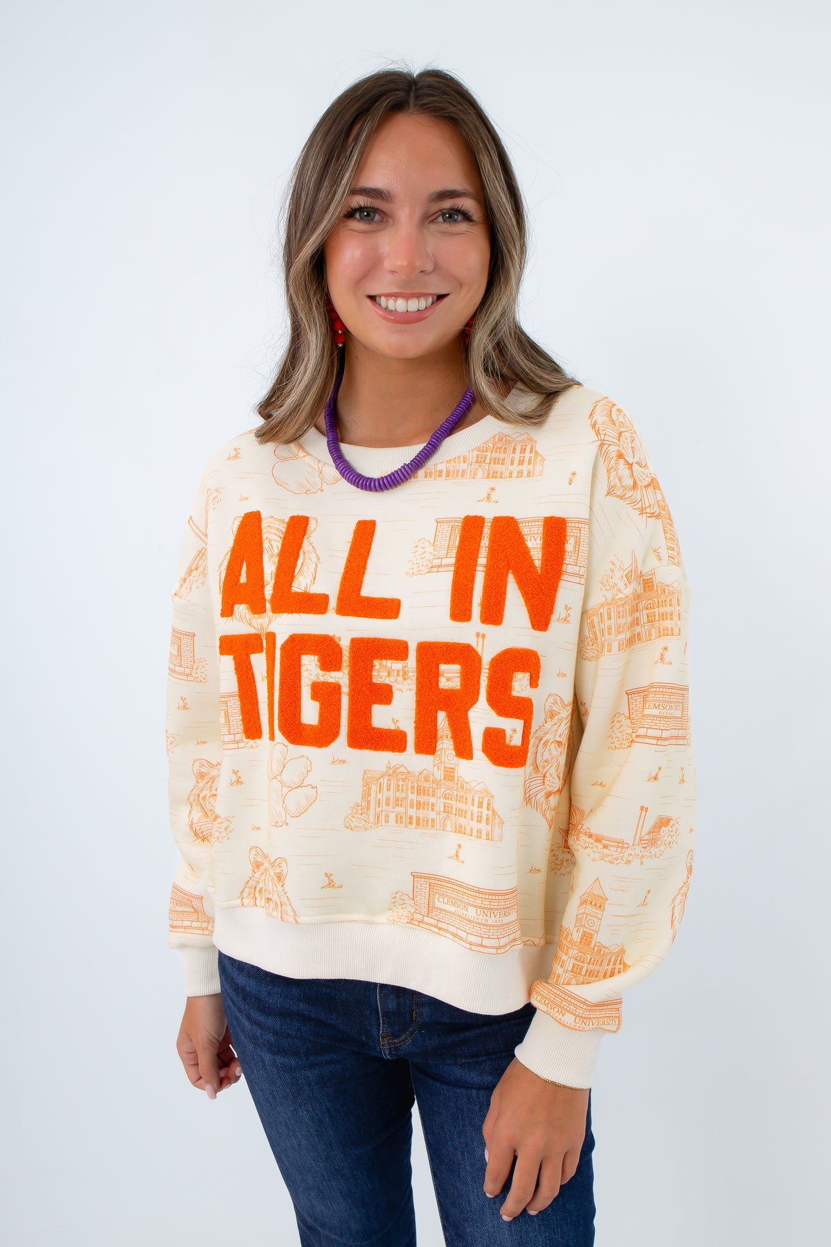 Fleece lined Clemson sweatshirt perfect for game day, sweatshirt with clemson toile print, sweatshirt with "all in tigers' lettering