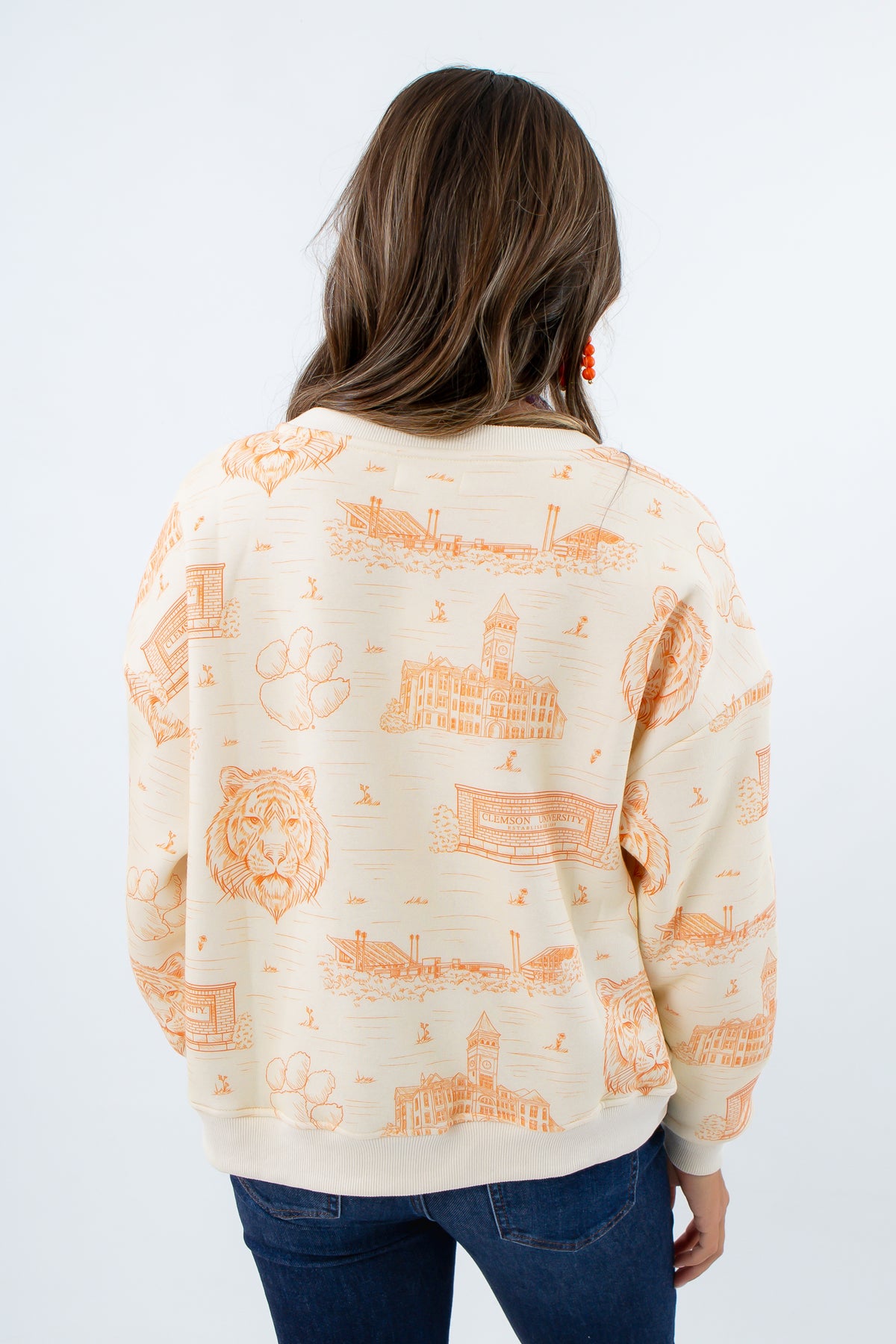 Clemson pullover sweatshirt with “All In Tigers” chenille design, clemson game day sweatshirt, clemson toile print, sweatshirt with clemson toile