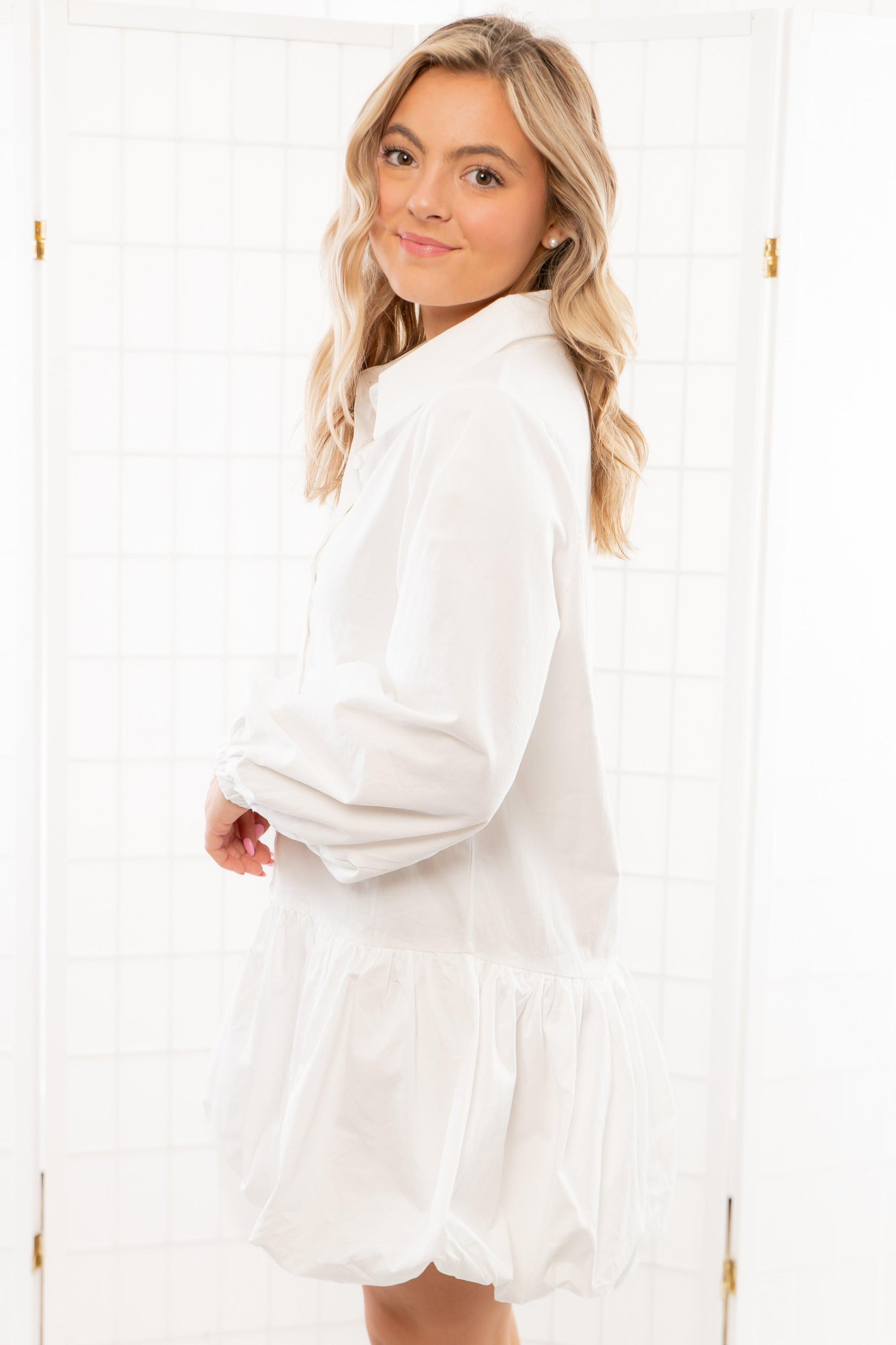 Cloud Nine White Bubble Hem Shirt Dress-Dresses-Sheer Trend-L. Mae Boutique &amp; Wild Mabel Clothing