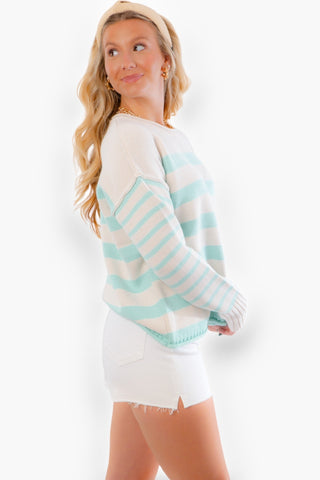 Coastal Eclectic Mint Striped Drop Shoulder Sweater-By Together-L. Mae Boutique