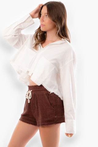 Cocoa High Waisted Frayed Hem Shorts-Bottoms-Very J-L. Mae Boutique & Wild Mabel Clothing