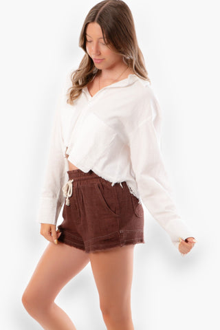 Cocoa High Waisted Frayed Hem Shorts-Bottoms-Very J-L. Mae Boutique & Wild Mabel Clothing