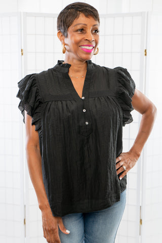 Come On By Black Ruffle Sleeve Top-Tops-Entro-L. Mae Boutique & Wild Mabel Clothing